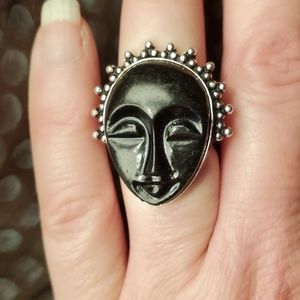 New Black Carved Goddess Face 925 Silver Ring.